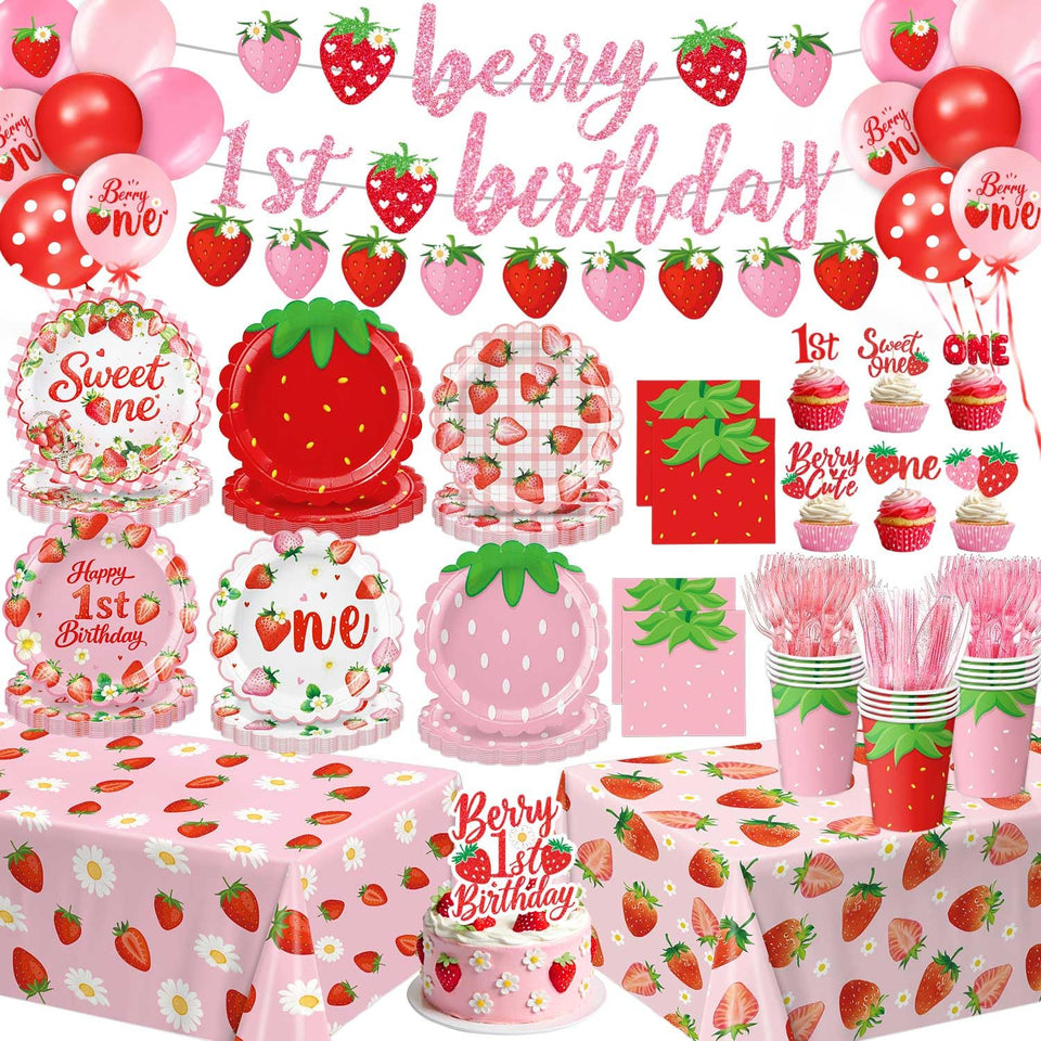 QIYANPAX Berry First Birthday Banner: playful strawberry motif sets festive tone for photos.