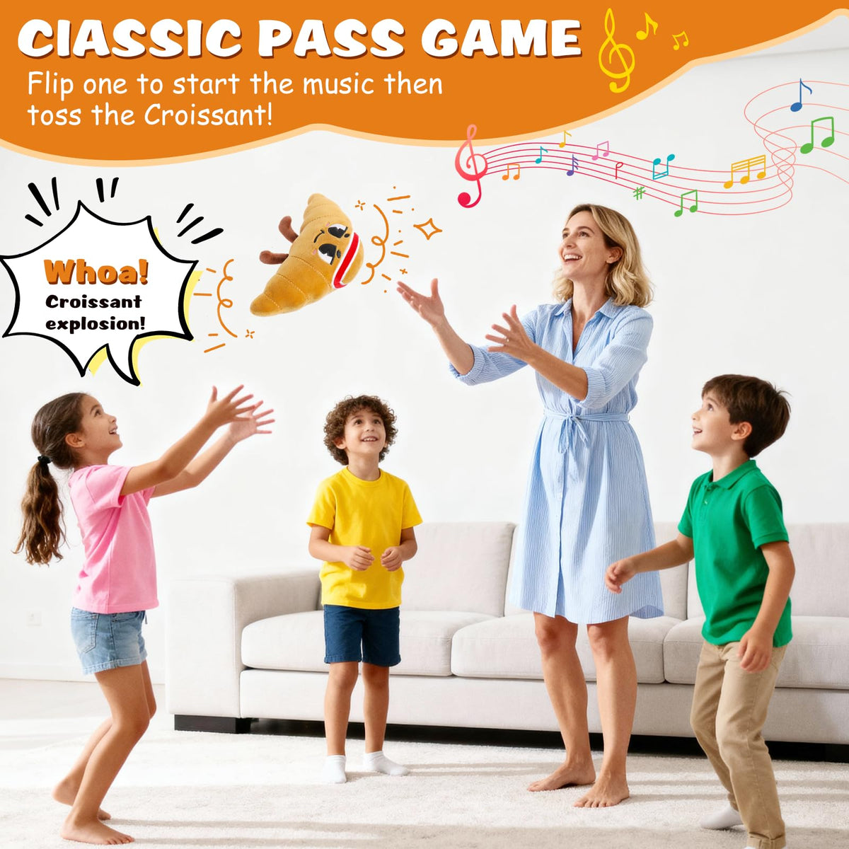 Qiaojoy croissant in-use shot showing kids passing playfully