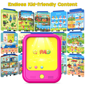 Qiaojoy tablet screen showing English and Spanish content for language learning.