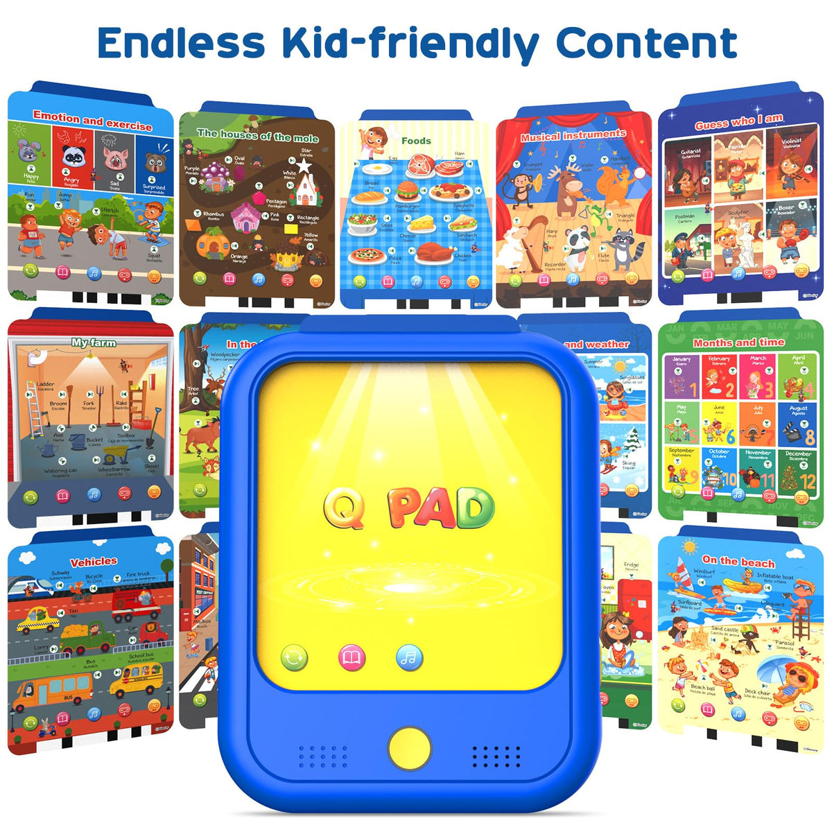 Qiaojoy education tablet highlights foods for daily vocabulary building.