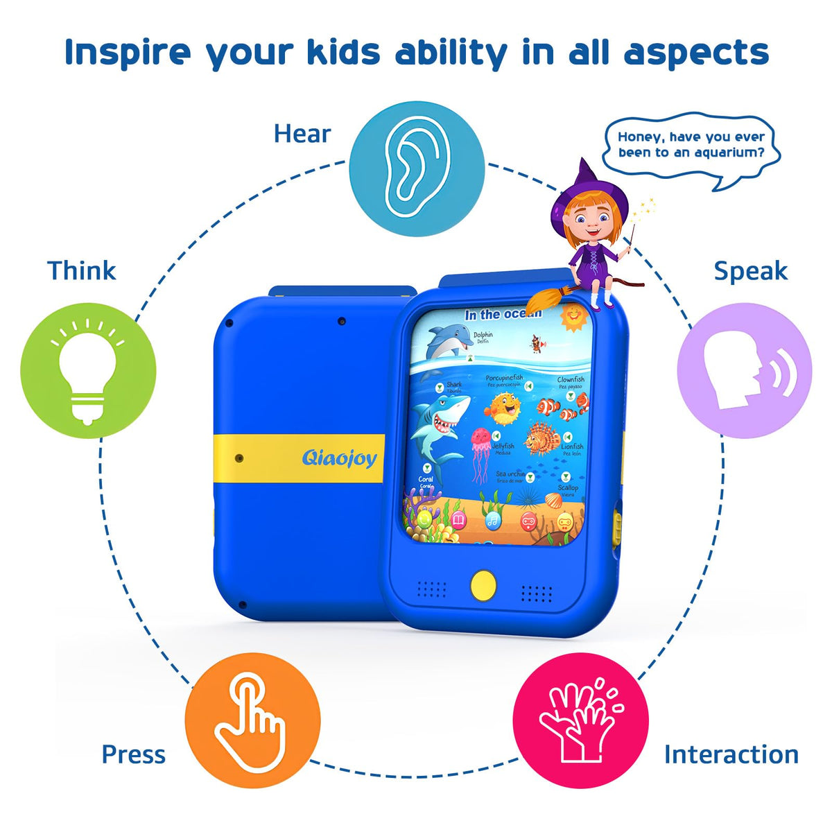 Qiaojoy learning tablet introduces music and sounds to develop listening skills.