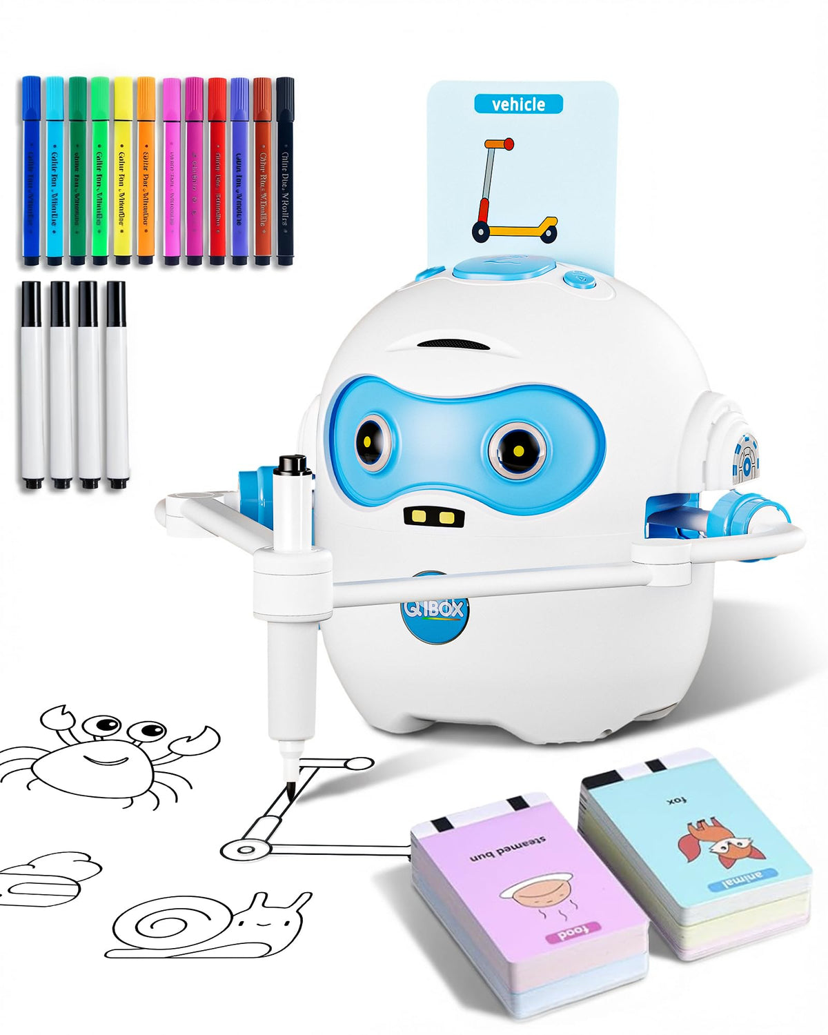 QIBOX drawing robot guiding kids through a step-by-step drawing session for fine motor skills