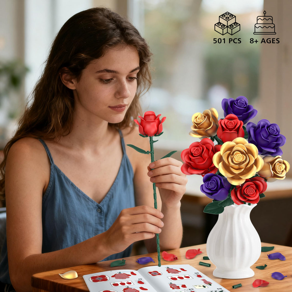 QIFUN rose bouquet blocks ABS material compatibility with lego flowers.