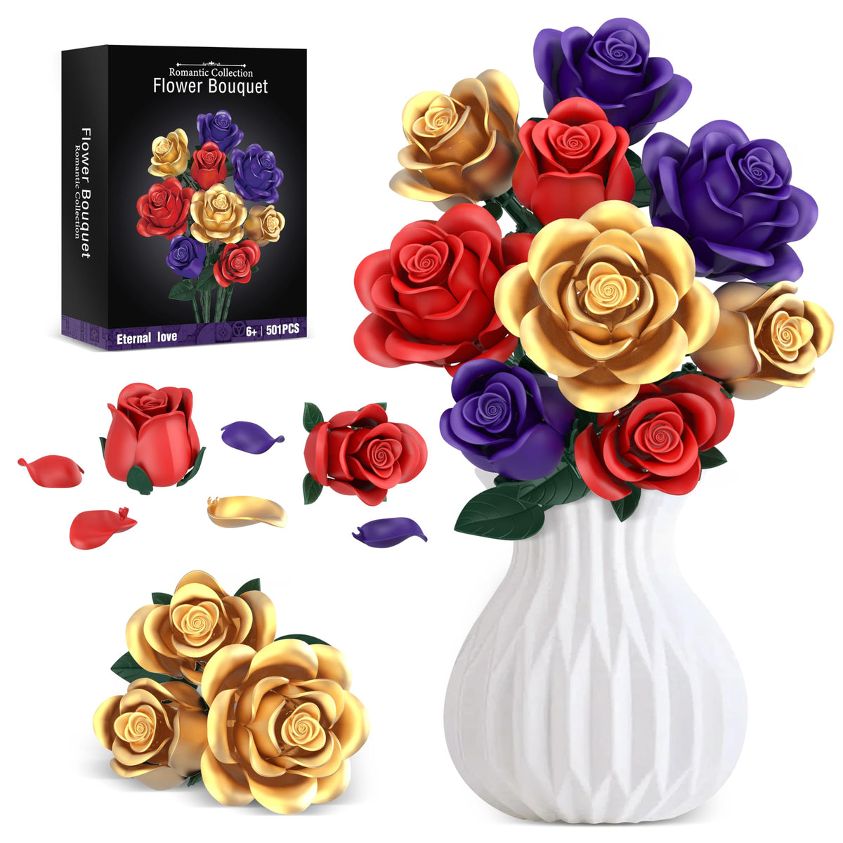 QIFUN rose bouquet build set front view shows vibrant red petals for a striking display.