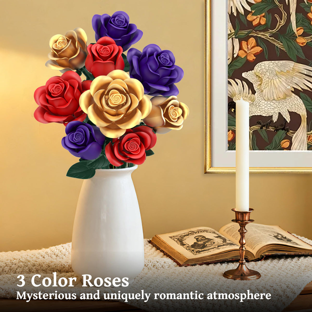 QIFUN rose bouquet build set removable petals and leaves for easy rearrangement.