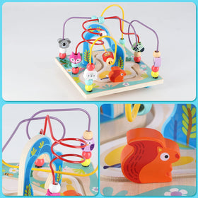 Qilay 5-in-1 wooden activity cube abc-123 abacus close-up reinforces early literacy and number awareness.