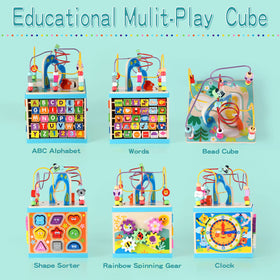 Qilay 5-in-1 wooden activity cube bead maze close-up boosts hand-eye coordination and fine motor skills.