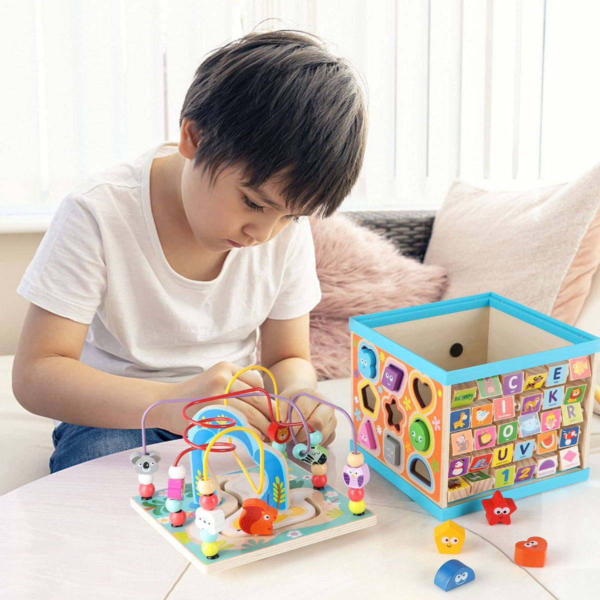 Qilay 5-in-1 wooden activity cube clock face close-up introduces time concepts playfully.