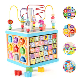 Qilay 5-in-1 wooden activity cube front view promotes multisensory exploration and early learning.