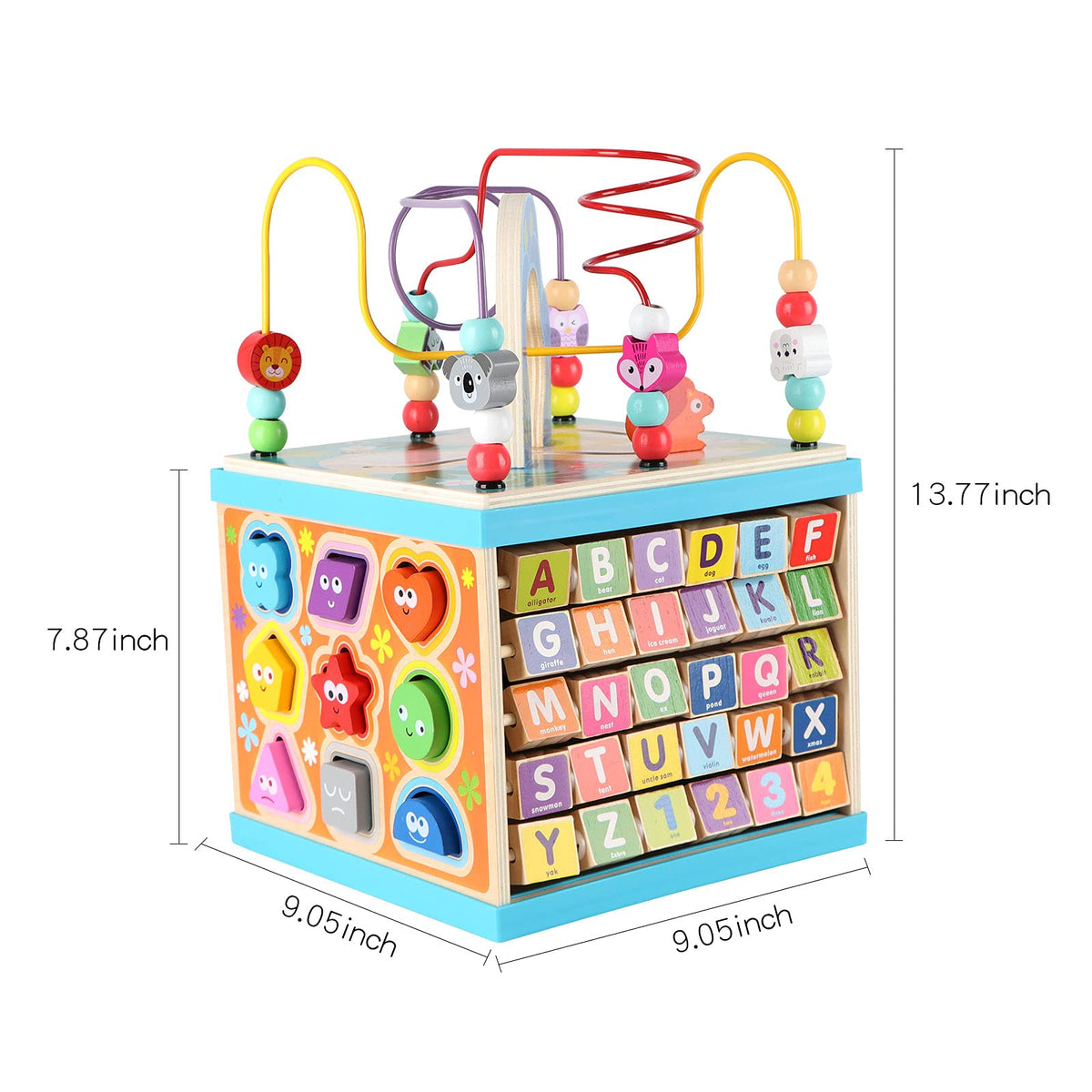 Qilay 5-in-1 wooden activity cube rainbow gear view demonstrates cause-and-effect learning.