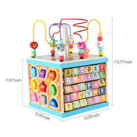 Qilay 5-in-1 wooden activity cube rainbow gear view demonstrates cause-and-effect learning.