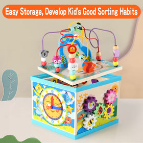 Qilay 5-in-1 wooden activity cube shape sorter close-up supports problem solving and color recognition.