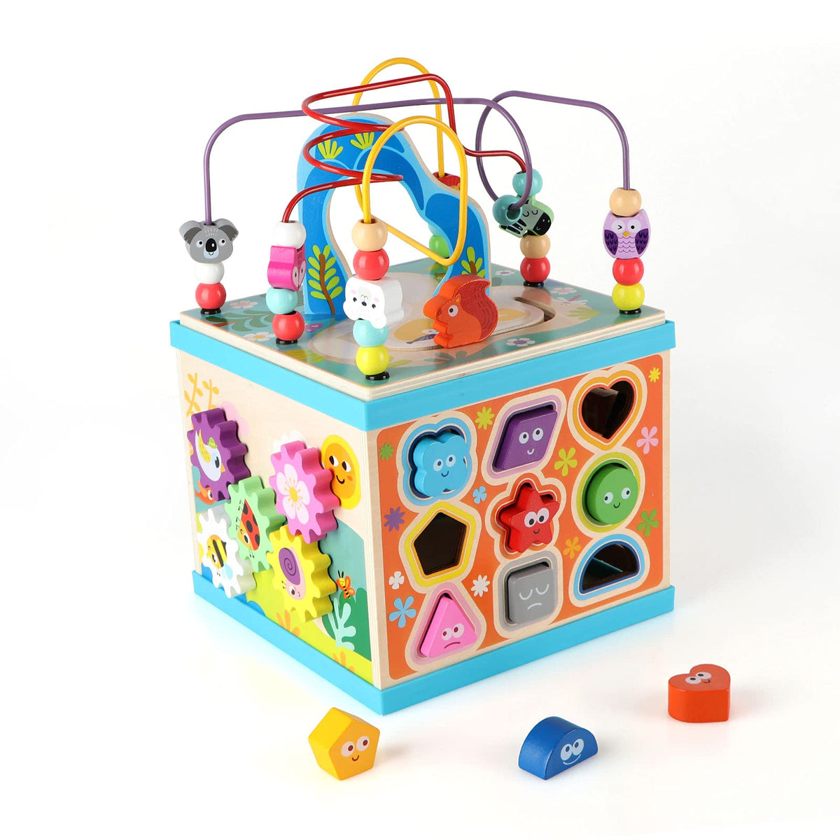 Qilay 5-in-1 wooden activity cube top-down view showing storage cap and compact design.