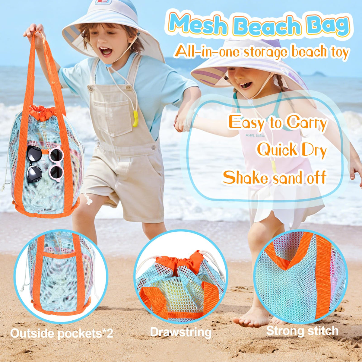 QINGLER fast-drying mesh bag keeps sand out and dries quickly.