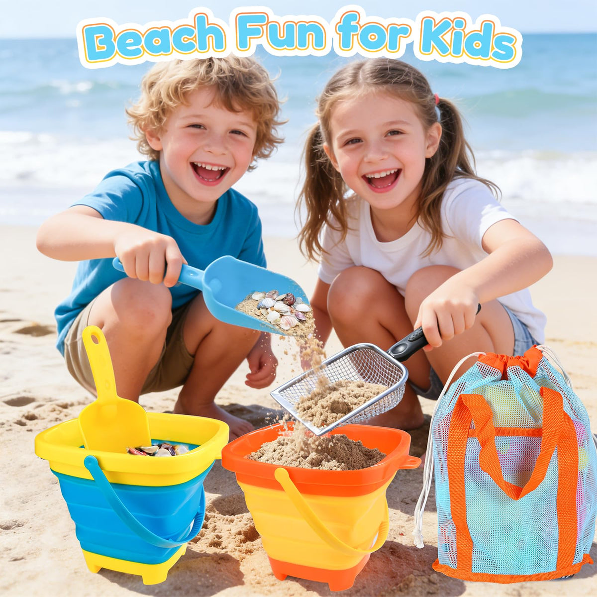 QINGLER kids building a sandcastle with complete playset.