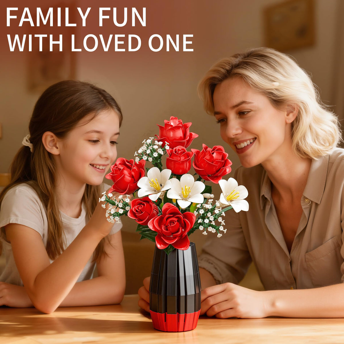 Qinline Rose Flowers Bouquet Building Set with Vase Included arranged as an elegant table centerpiece