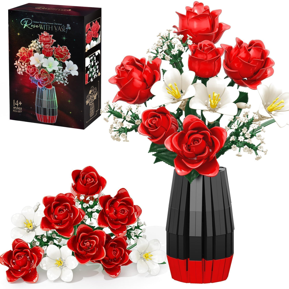Qinline Rose Flowers Bouquet Building Set featuring a vibrant lifelike bouquet in a customizable vase for home decor