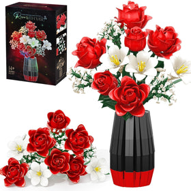 Qinline Rose Flowers Bouquet Building Set featuring a vibrant lifelike bouquet in a customizable vase for home decor