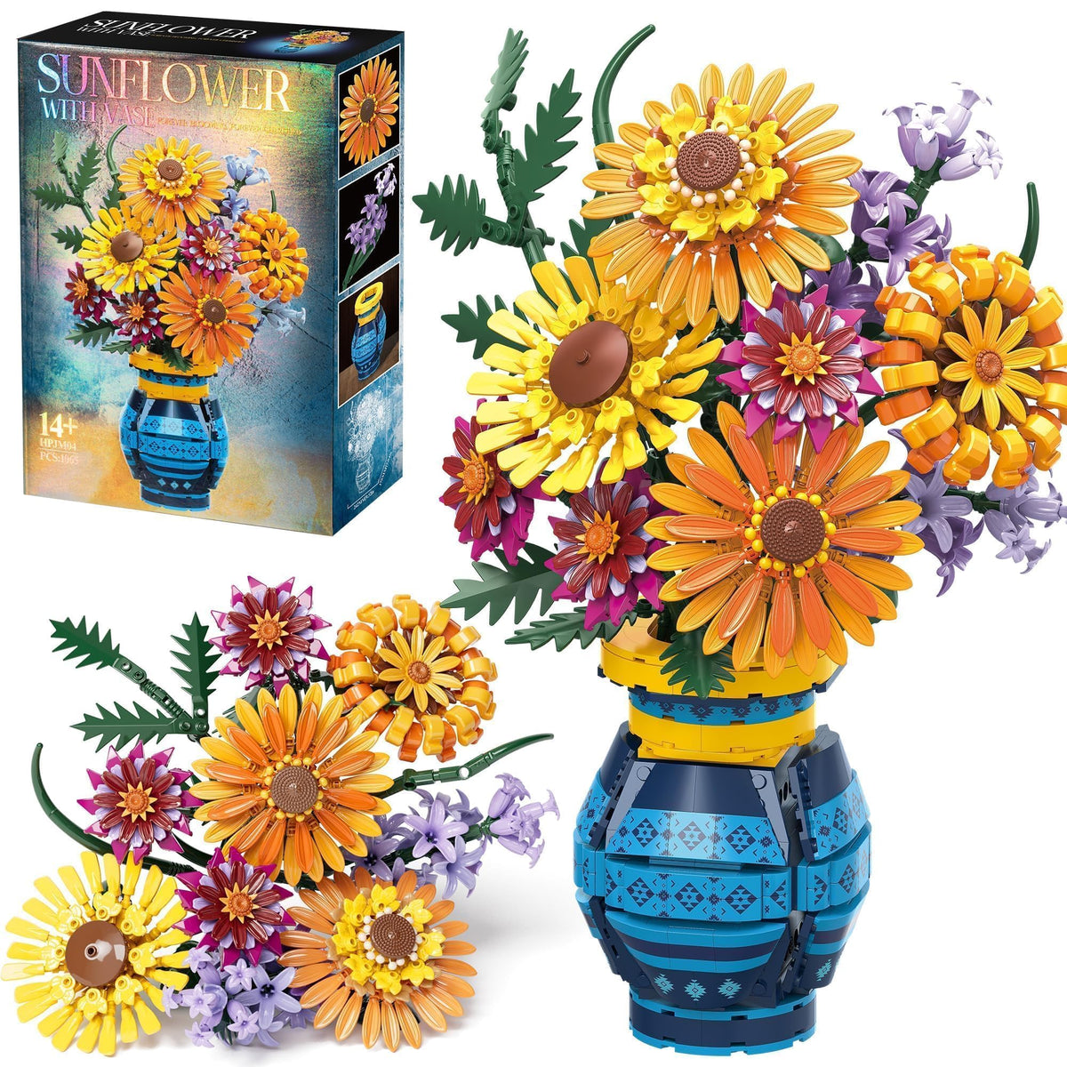 Qinline Sunflower Bouquet Building Set with Vase showcases a vibrant DIY centerpiece