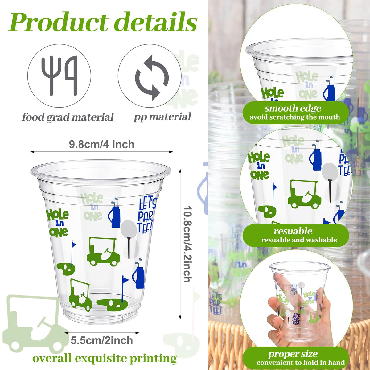 Qinyoung 12oz golf cups with 4-inch top diameter for easy sipping.