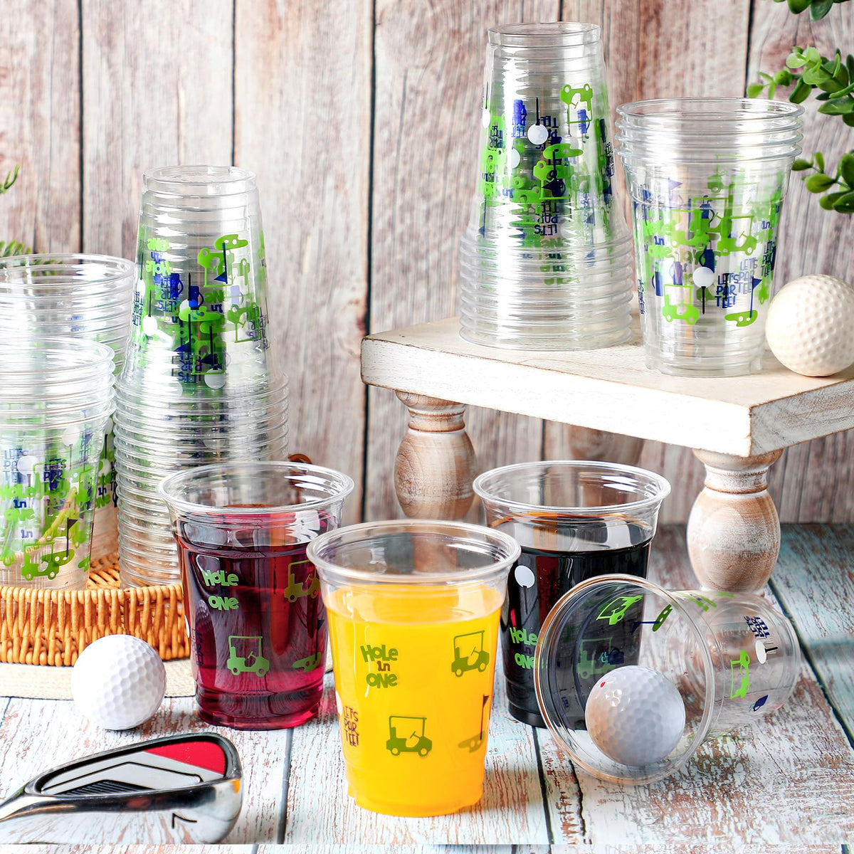 Qinyoung disposable clear golf cups for quick cleanup after events.