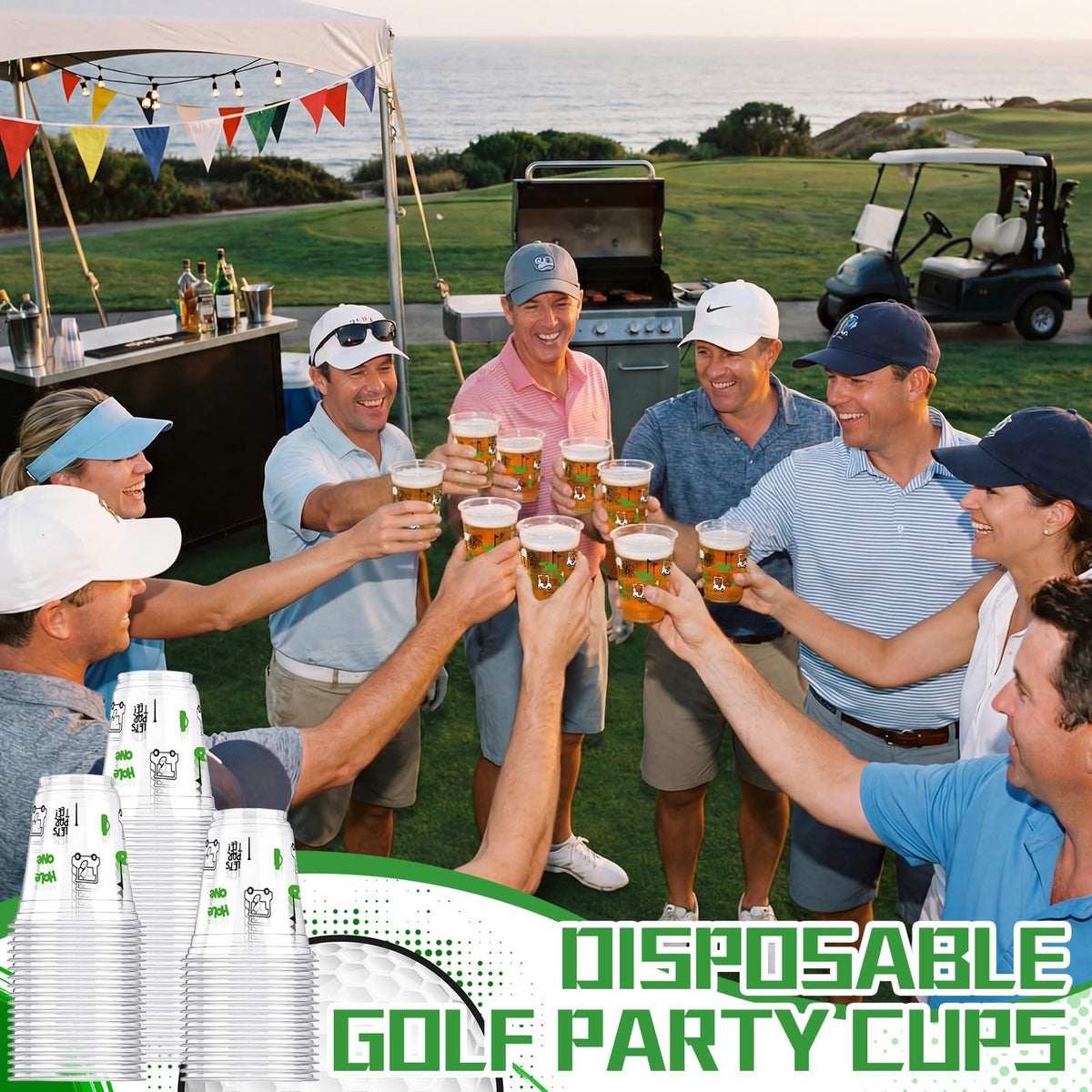 Qinyoung golf party cups double as snack holders and beverage vessels.