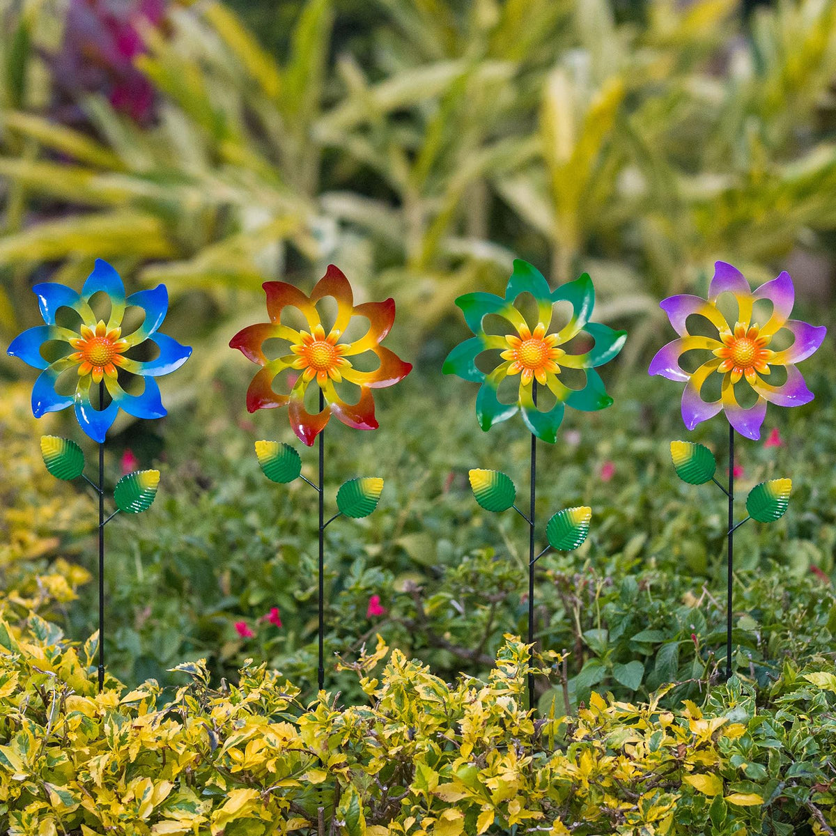 Qipade metal wind spinner showcases bright petals for lively yard decoration