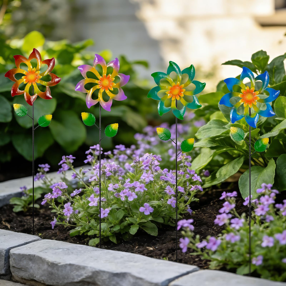 Qipade flower wind spinners sparkle in sun, enhancing walkway appeal