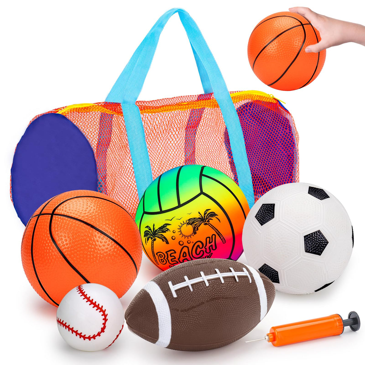 Qirptey 5-pack sports balls set with bag for toddlers supports motor skill development.