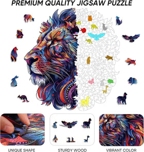 Qiuenisray wooden lion puzzle in progress highlights natural wood texture.