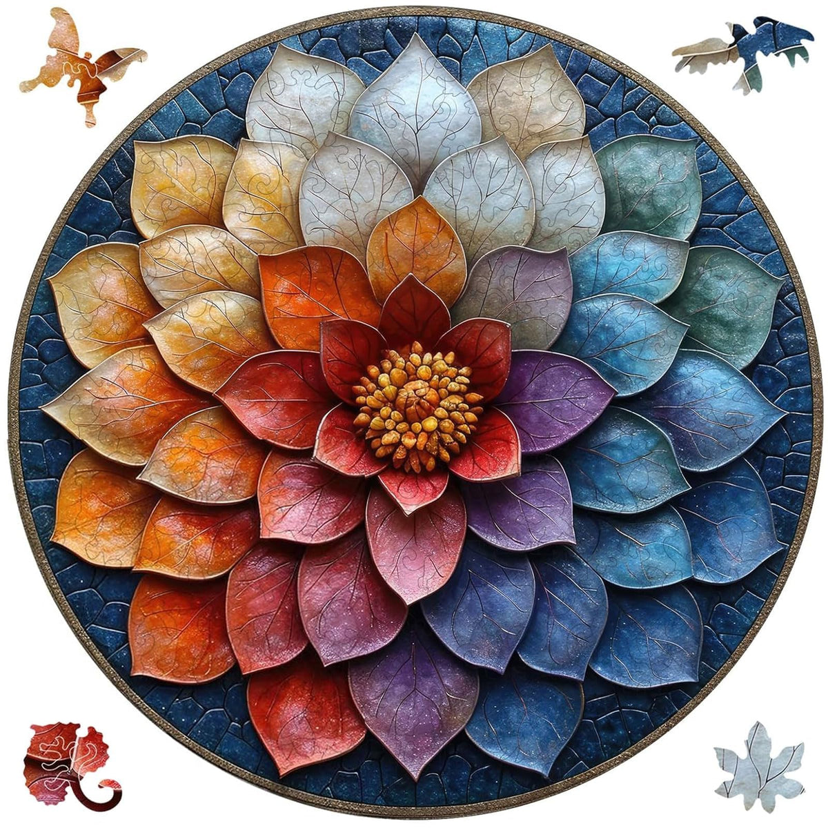 Qiuenisray mandala flower wooden puzzle for adults, a striking wall decor option.