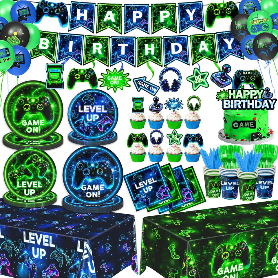 QIYANPAX neon game plates showcase bold visuals for an arcade-themed party