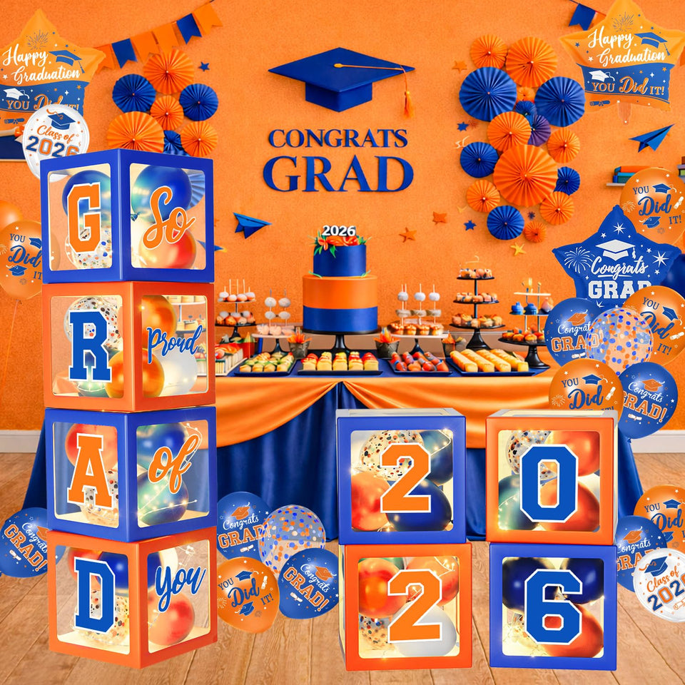 QIYANPAX graduation boxes in orange and blue for a coordinated party centerpiece