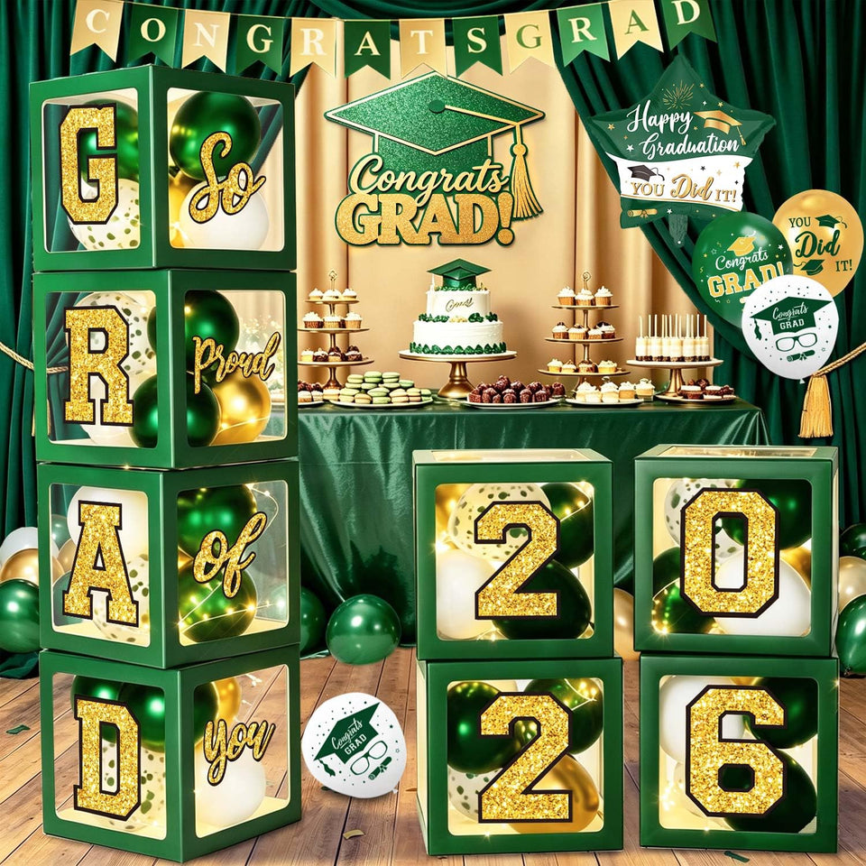 QIYANPAX graduation boxes in green and gold for a photo-ready setup.