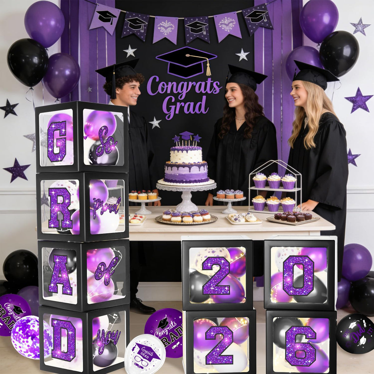 QIYANPAX ribbons complete a polished photo-worthy graduation setup.