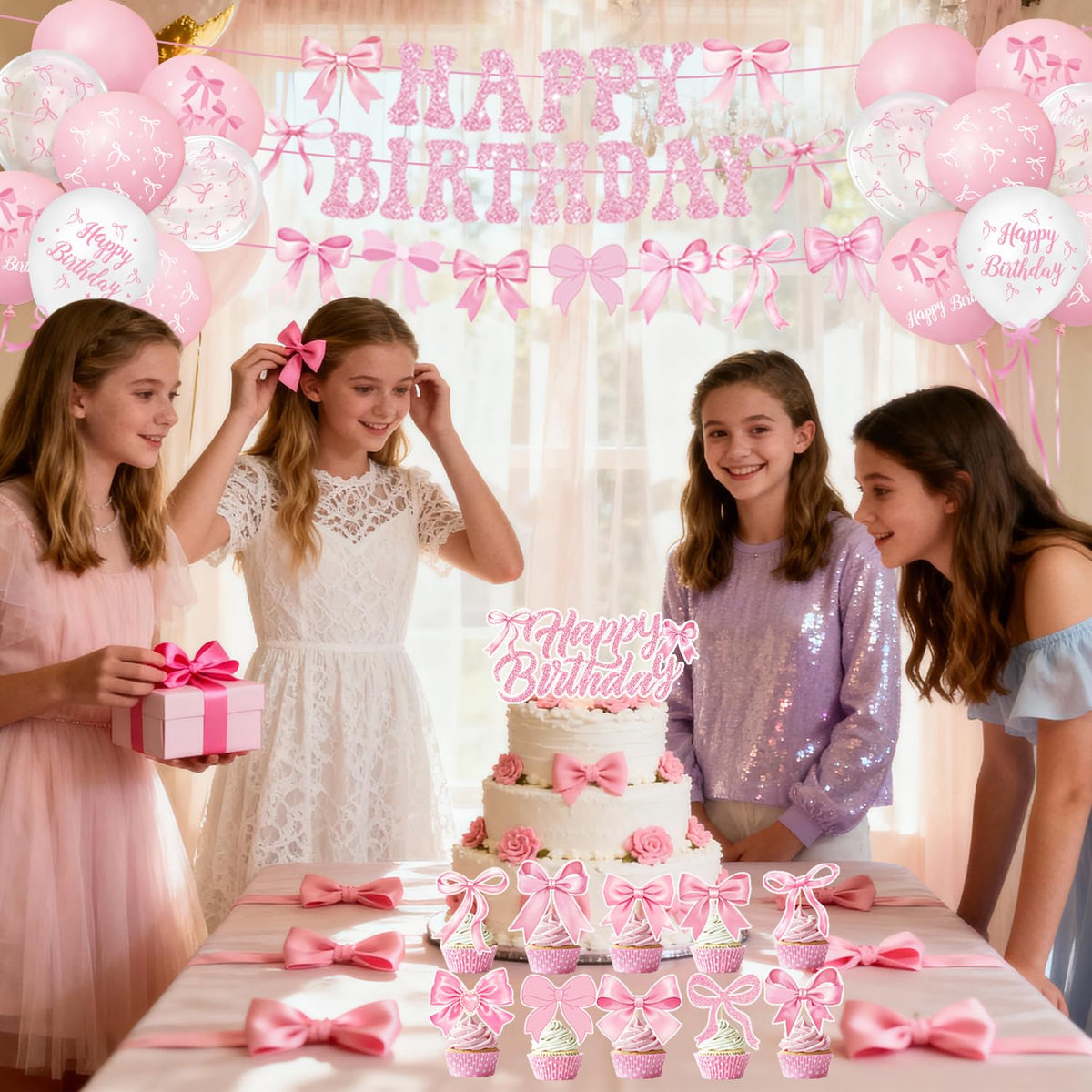 QIYANPAX pink bow cups keep beverages neat while matching party theme.