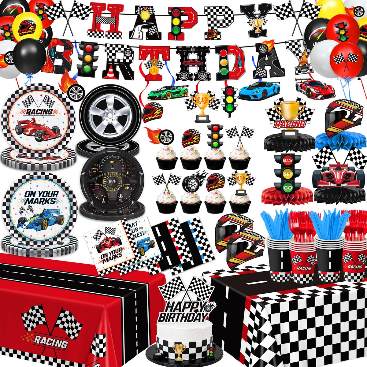 Qiyanpax race car plates 9in with checkered design for festive party dining