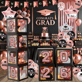 Qiyanpax rose gold graduation boxes for 2026 celebration, ideal backdrop decor.