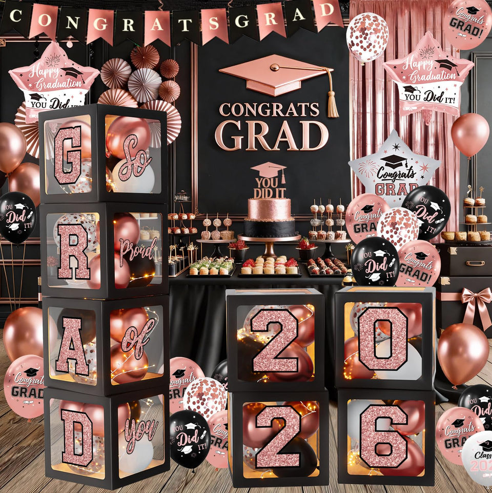 Qiyanpax rose gold graduation boxes for 2026 celebration, ideal backdrop decor.