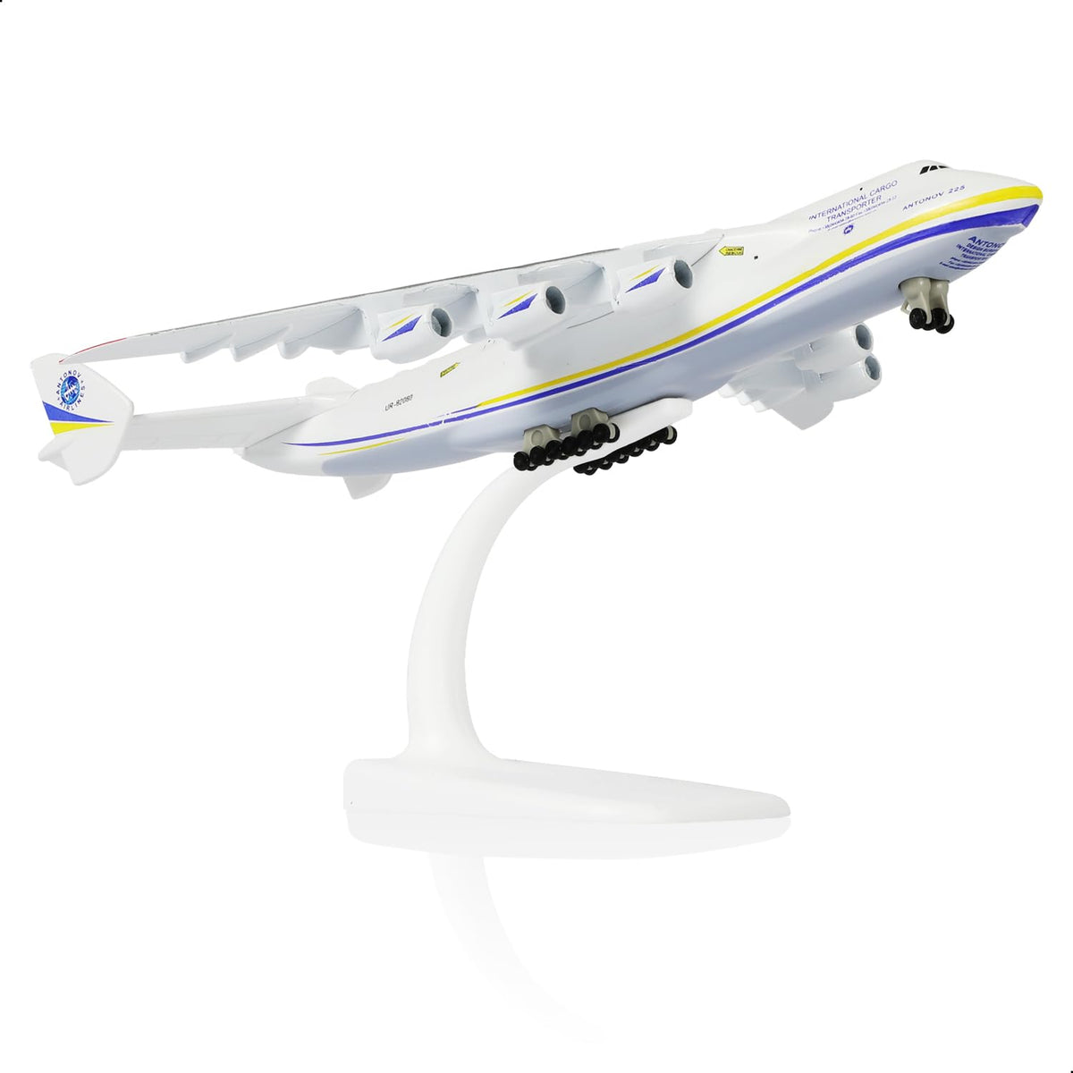 QIYUMOKE Antonov 225 model airplane with display stand for desk decor.