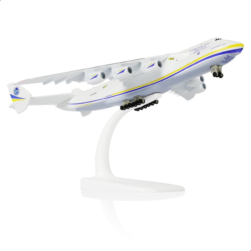 QIYUMOKE Antonov 225 model airplane with display stand for desk decor.