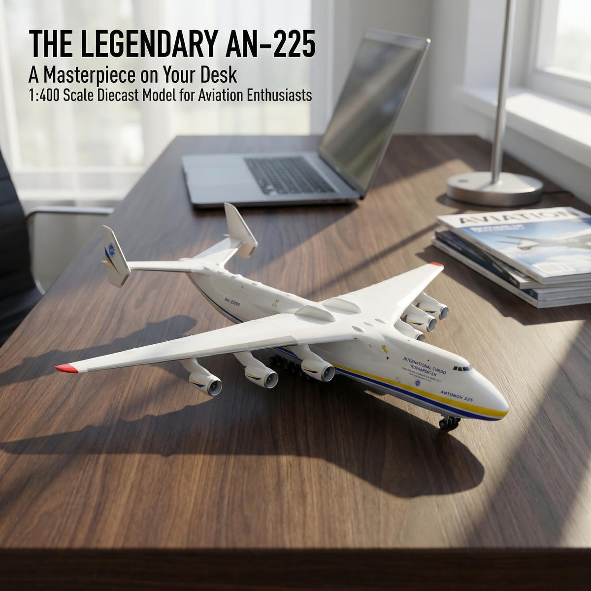 QIYUMOKE Antonov 225 packaging includes wheels and stand for immediate display.