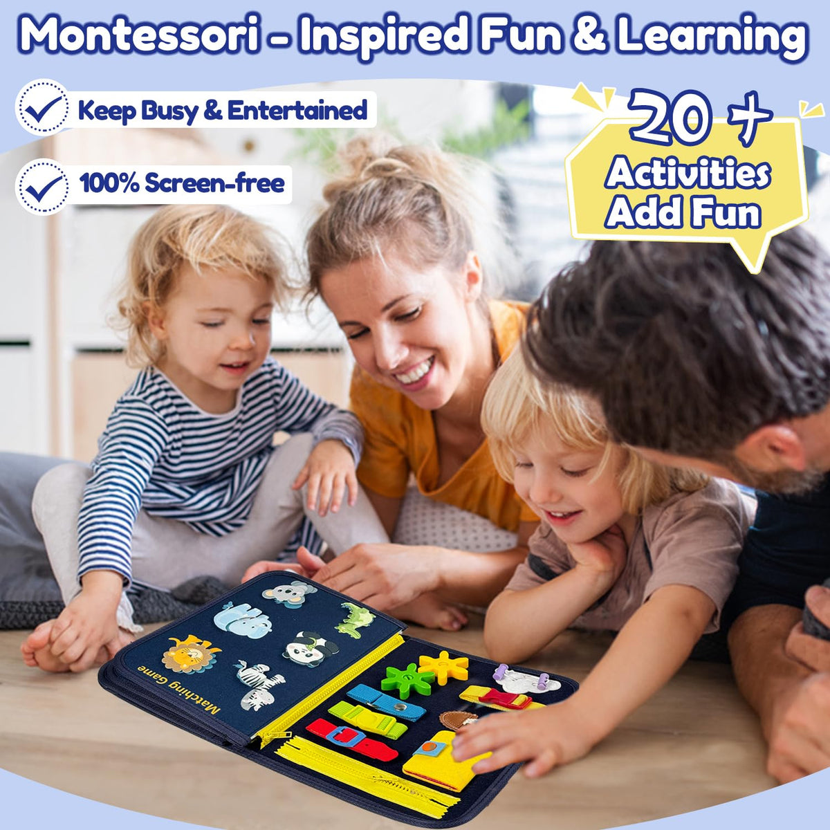 Qizfun busy board zipper activity promotes fine motor skills.