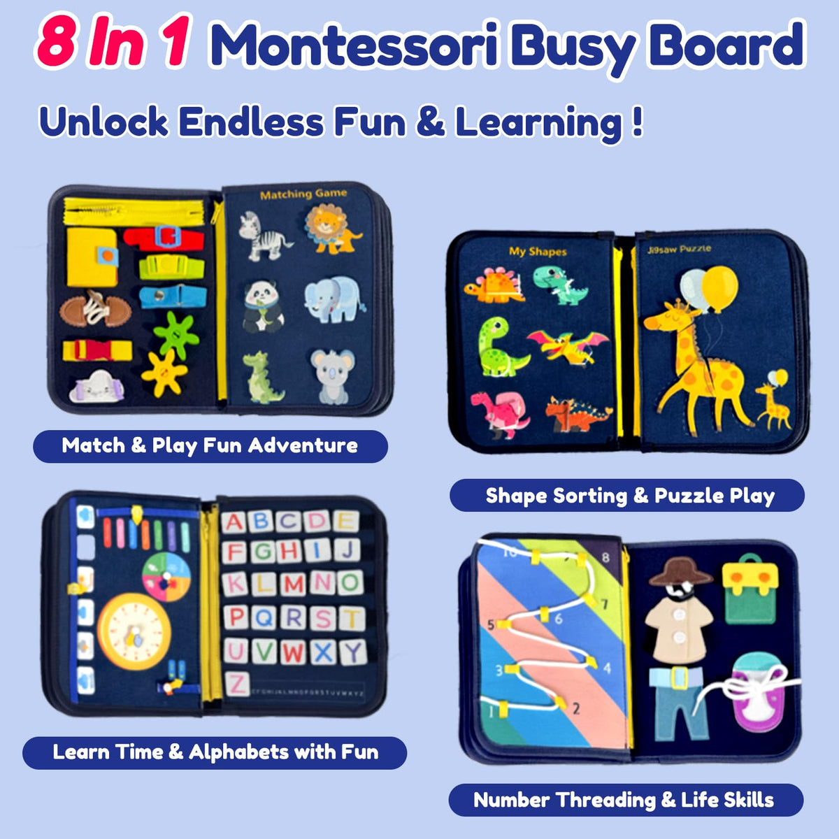 Qizfun busy board buttons and gears stimulate tactile exploration.