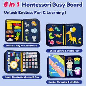 Qizfun busy board buttons and gears stimulate tactile exploration.