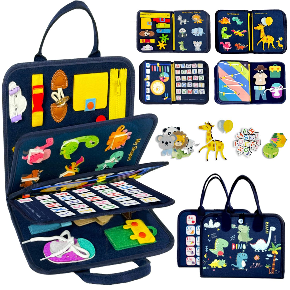 Qizfun toddler busy board blue dinosaur theme with 8 pages for hands-on learning.