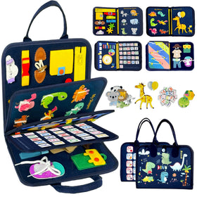 Qizfun toddler busy board blue dinosaur theme with 8 pages for hands-on learning.
