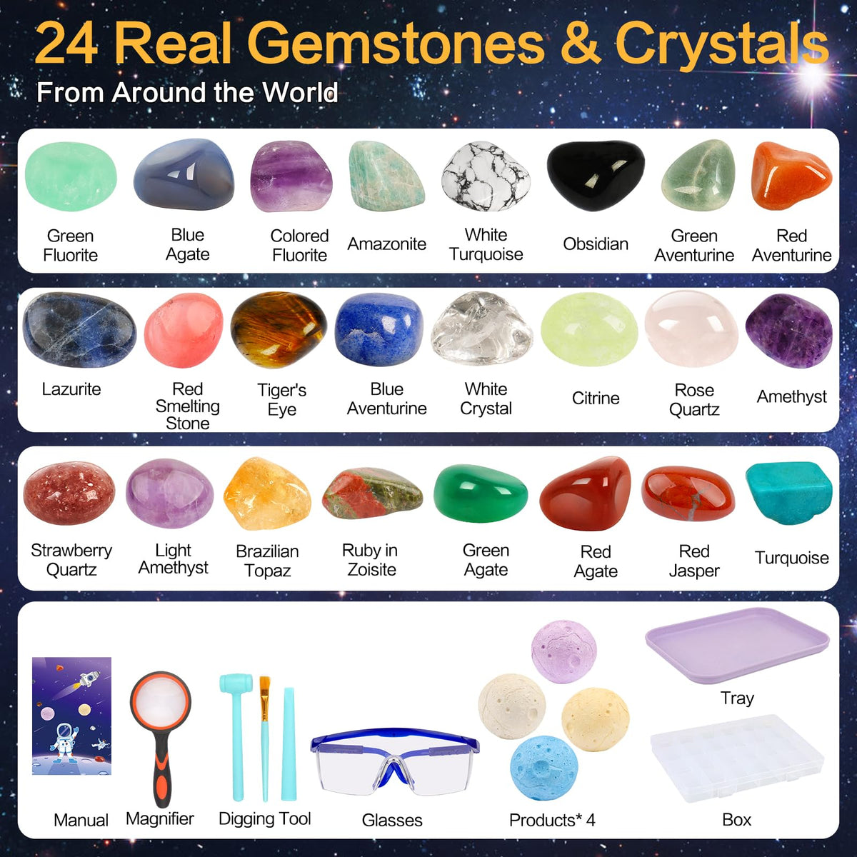 QLKUNLA Gemstones Dig Kit astro-theme invites exploration of planetary geology concepts