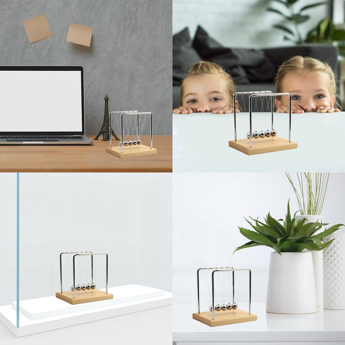 QLKUNLA Newtons Cradle beech in motion, momentum demonstration on desk