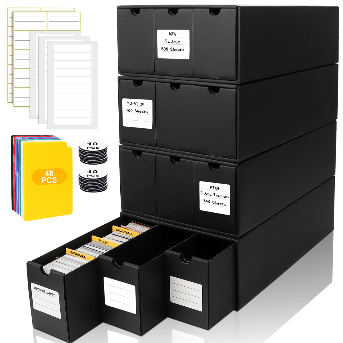 QLOUNI trading card storage box with 12 boxes organized for a large collection